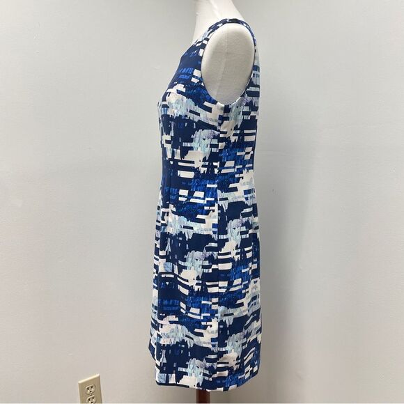 Blue & White Geometric Sleeveless Dress Womens Size 12 Wedding Guest Work Dress - Picture 4 of 15